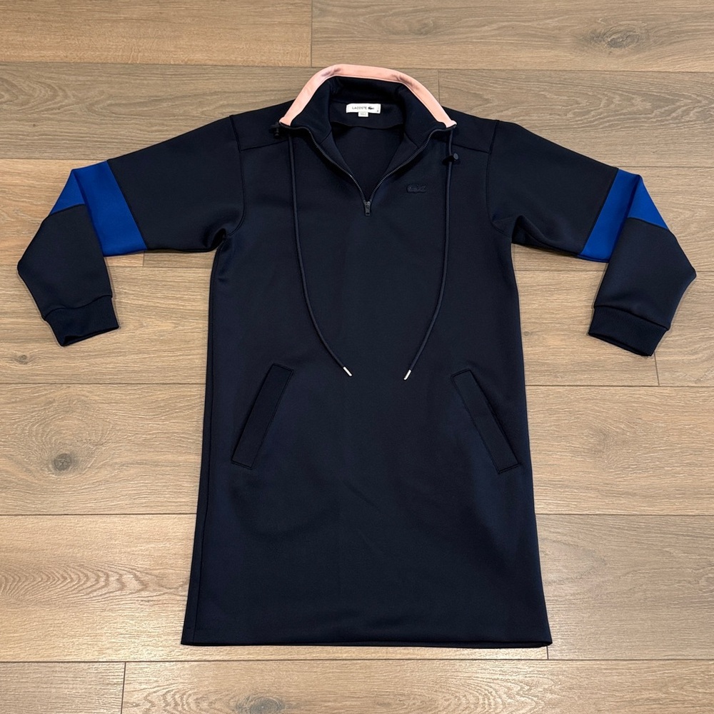 LACOSTE Dark Blue Pink Quarter Zip Collared Neoprene Long Sleeve Dress Size XS